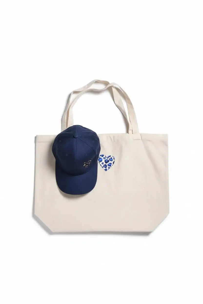 Tote bag et casquette brodés Plus Que Du Bleu