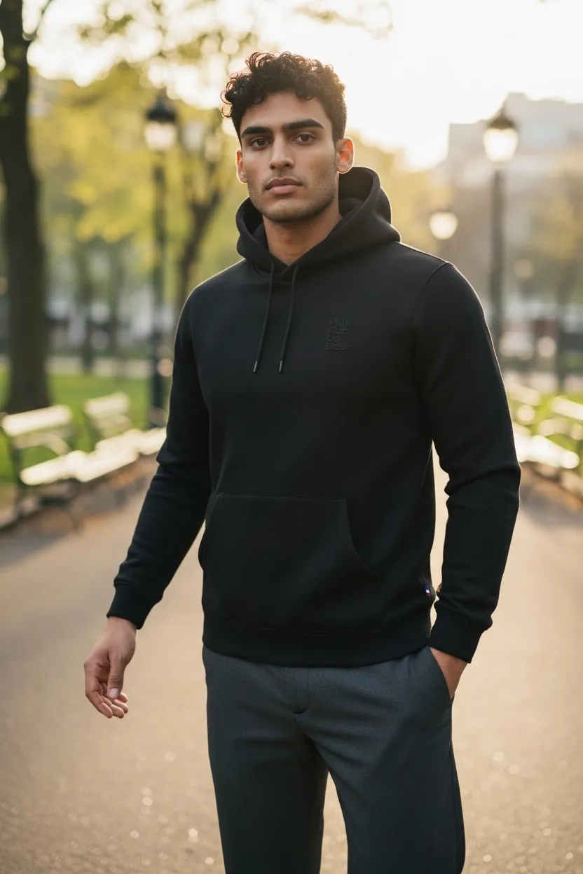 Sweat brodé porté en extérieur